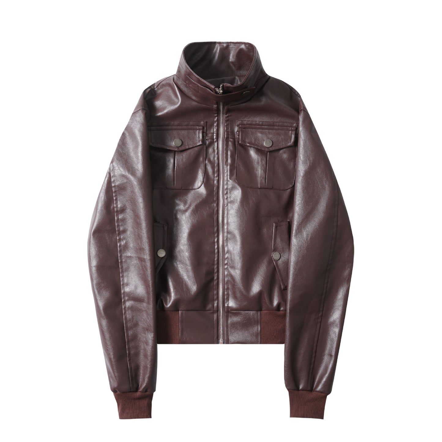 Maillard wearing stand up collar leather jacket for women