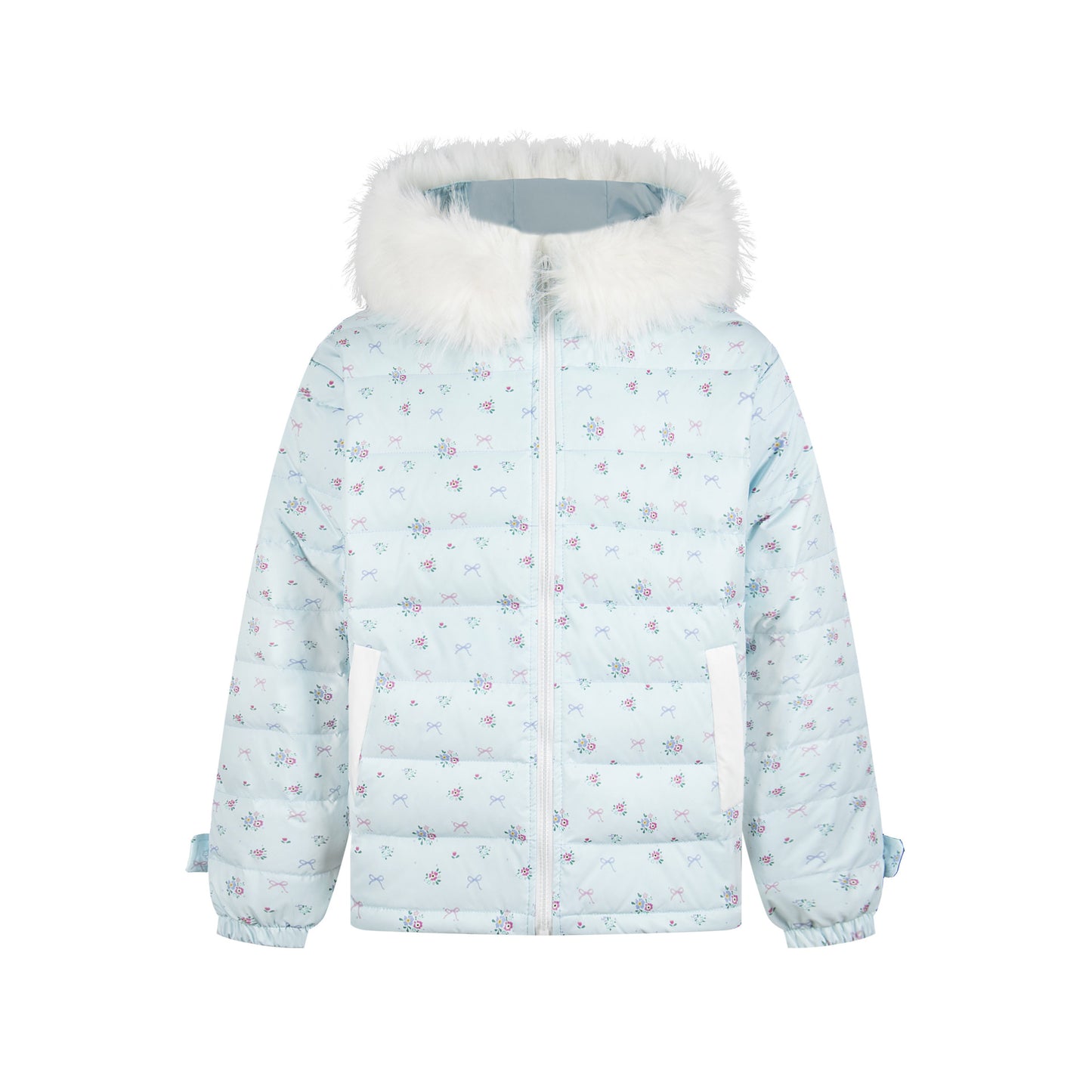 Floral fur collar hooded pork rib down jacket