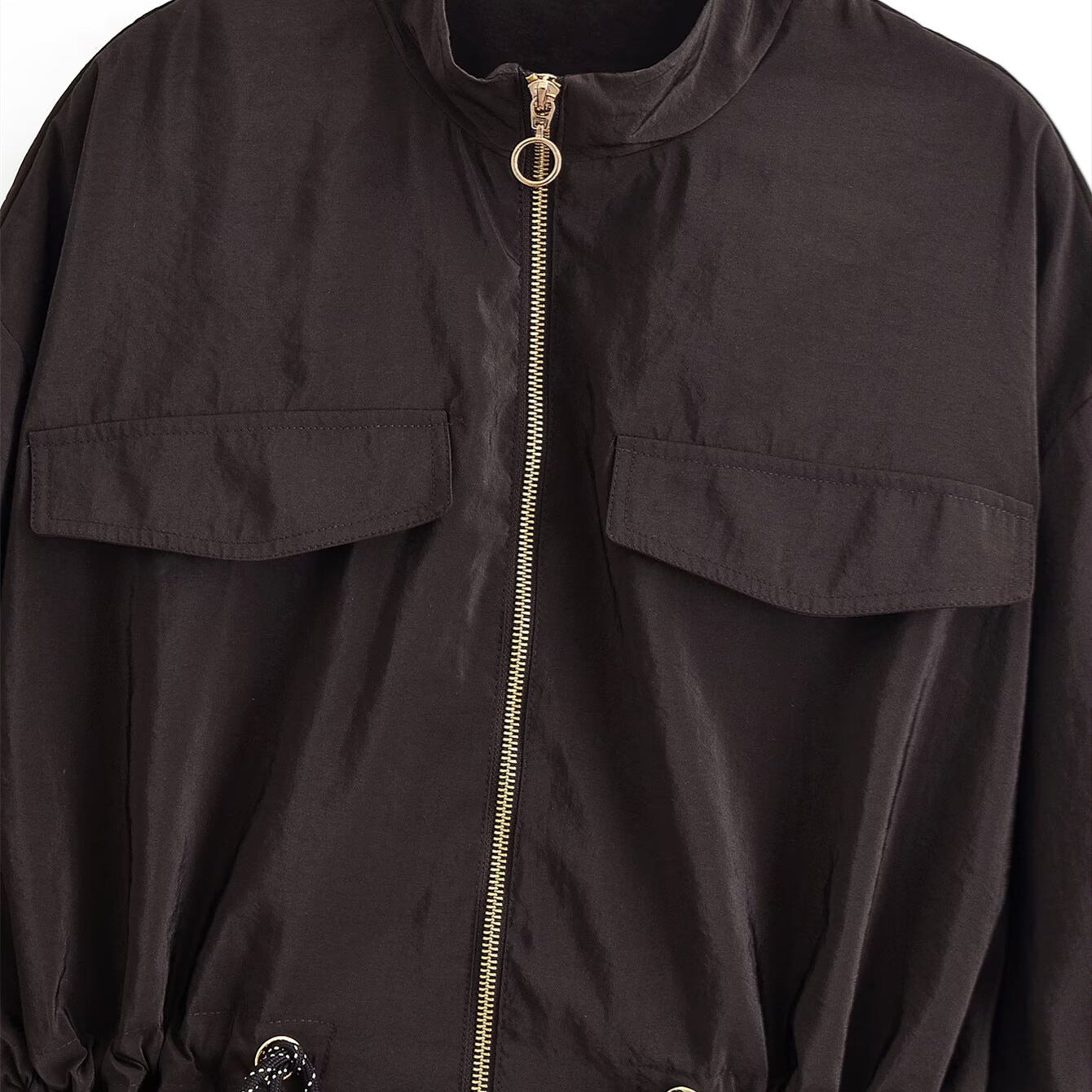 Stand collar workwear drawstring waist cinching jacket