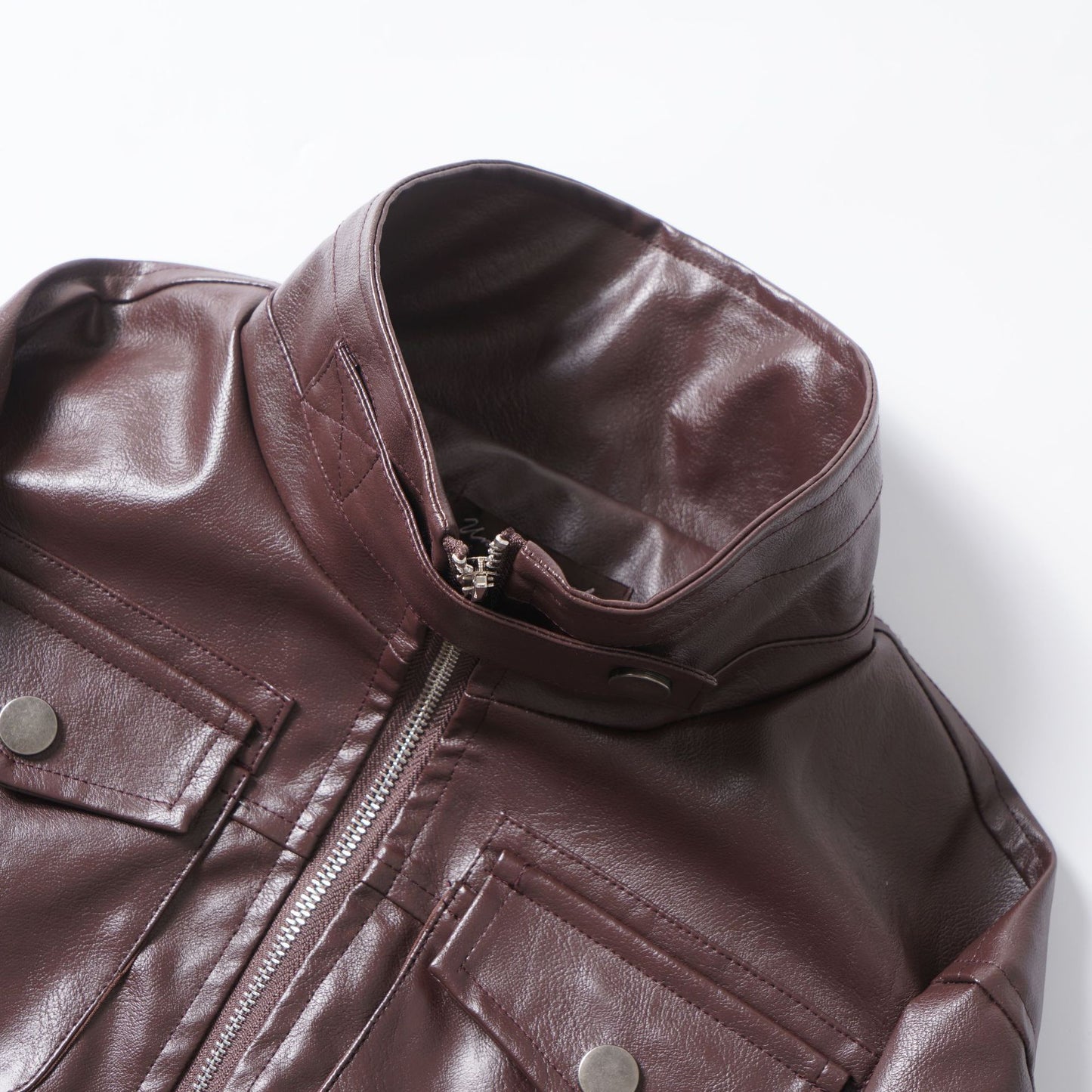 Maillard wearing stand up collar leather jacket for women