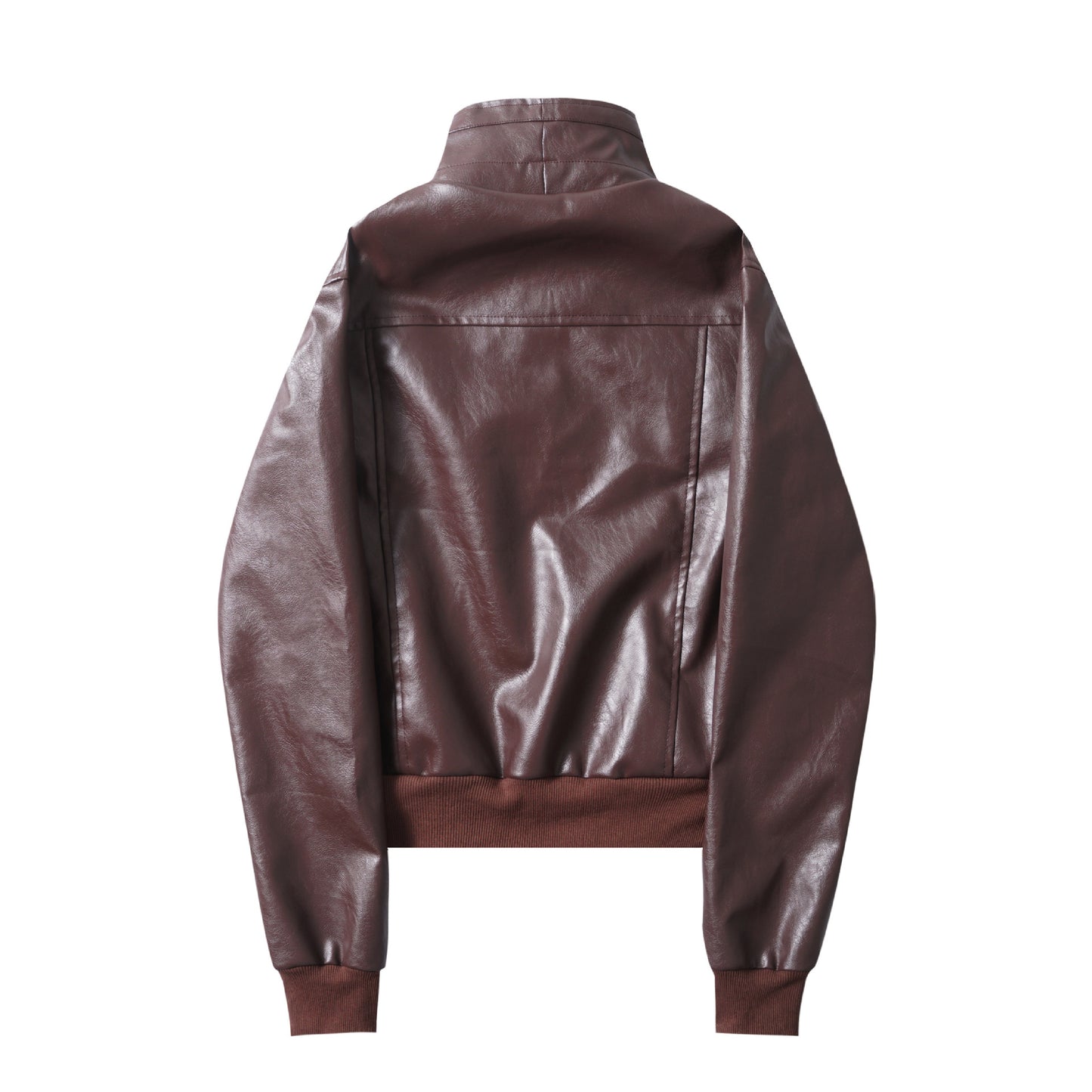 Maillard wearing stand up collar leather jacket for women